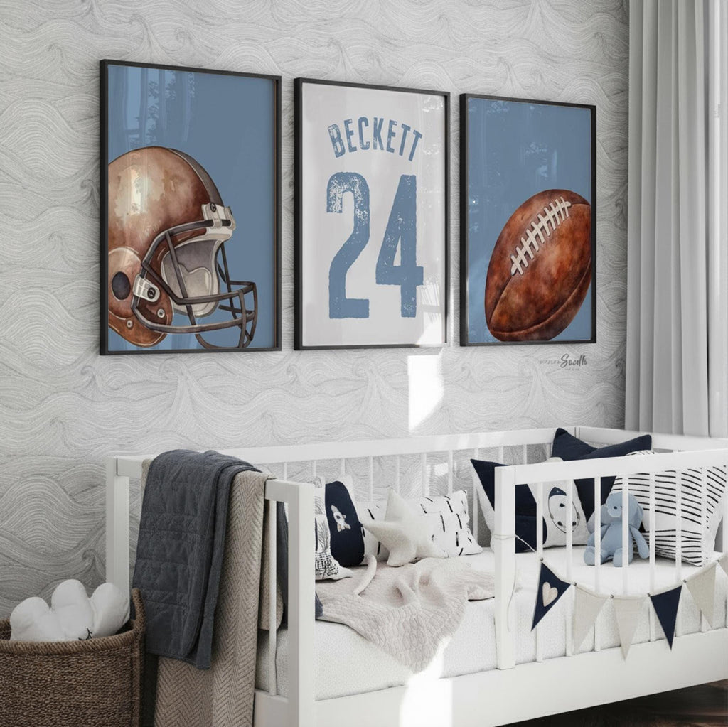 Blue Sports Bedroom or Nursery Decor: Personalized Football Name & Number Print Set