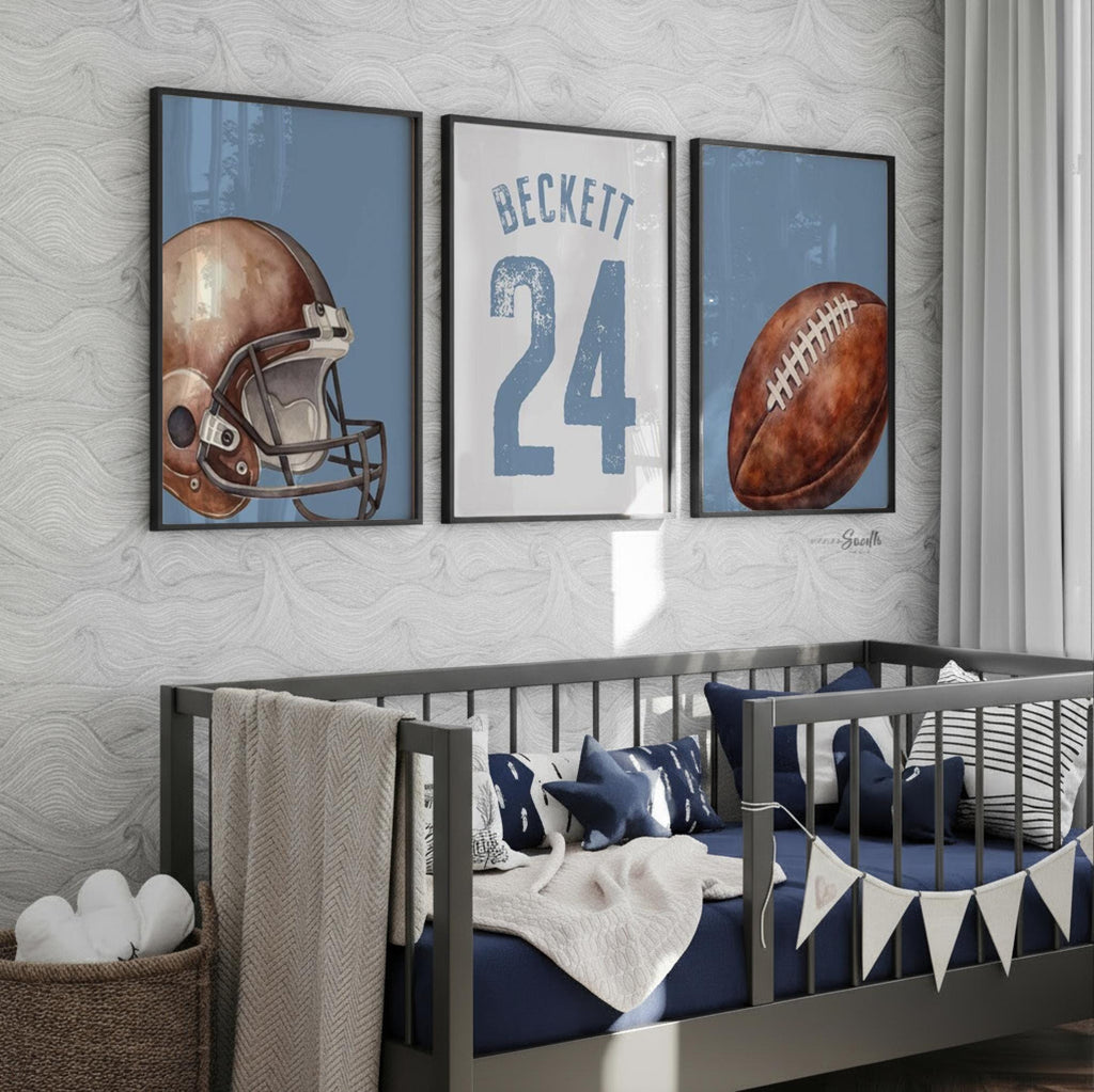 Blue Sports Bedroom or Nursery Decor: Personalized Football Name & Number Print Set