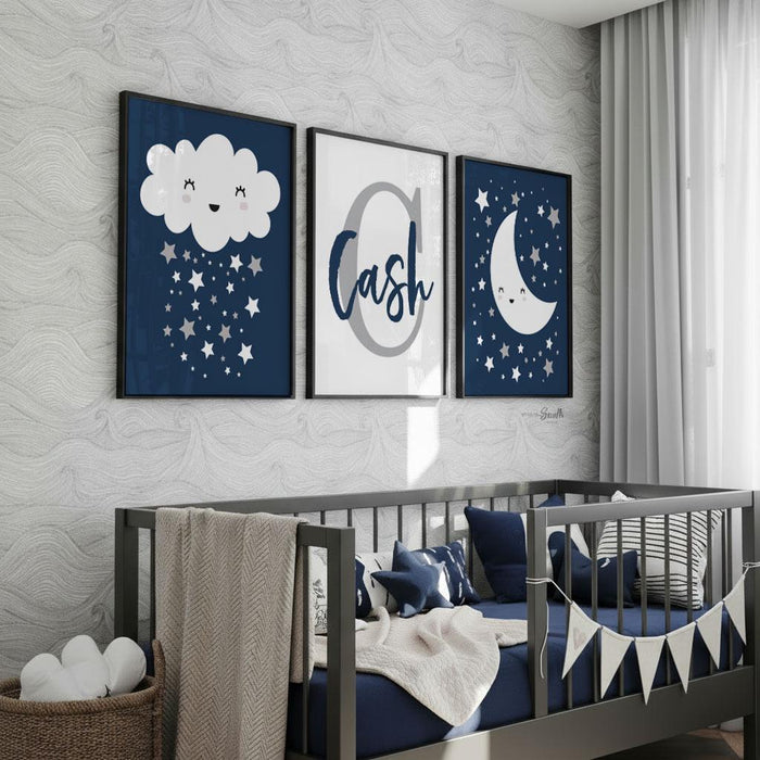 Navy & Gray Celestial Nursery Prints: Moon, Stars, Cloud (Unframed)