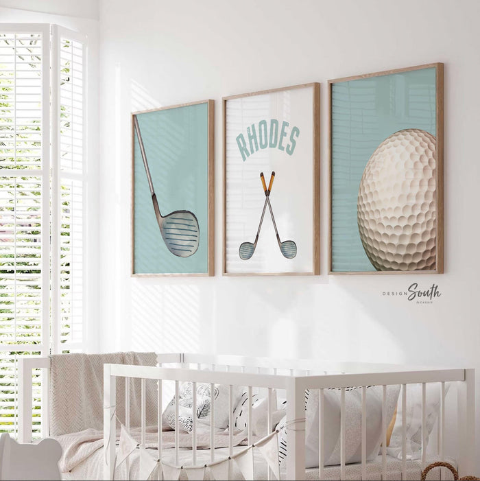 Personalized Golf Nursery Art: Golf Ball & Clubs Prints, Set of 3
