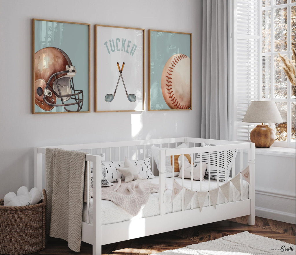 Personalized Sports Wall Art: Football, Baseball & Golf Prints – Set of 3 Watercolor Name Decor