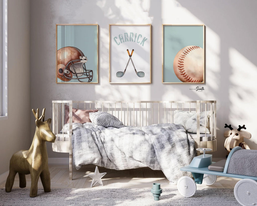 Personalized Sports Wall Art: Football, Baseball & Golf Prints – Set of 3 Watercolor Name Decor