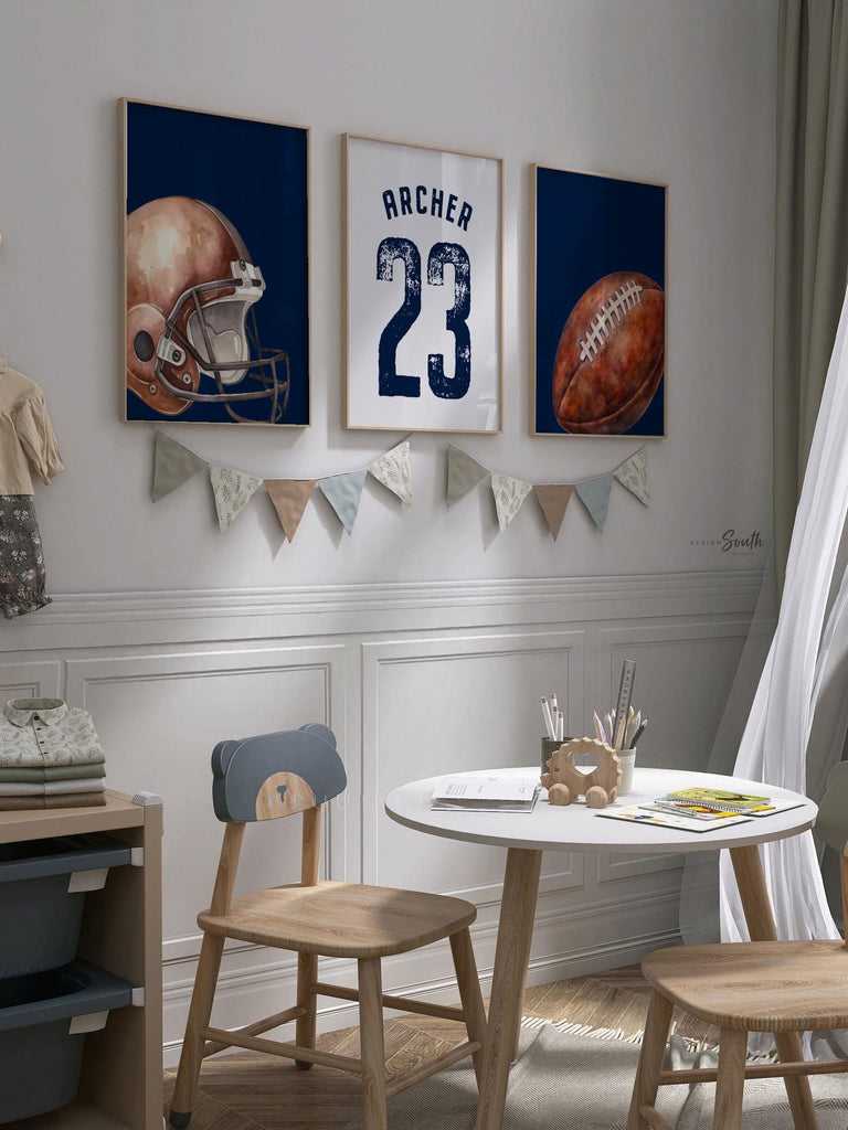 Navy Blue Sports Nursery Decor: Personalized Football Name & Number Print Set
