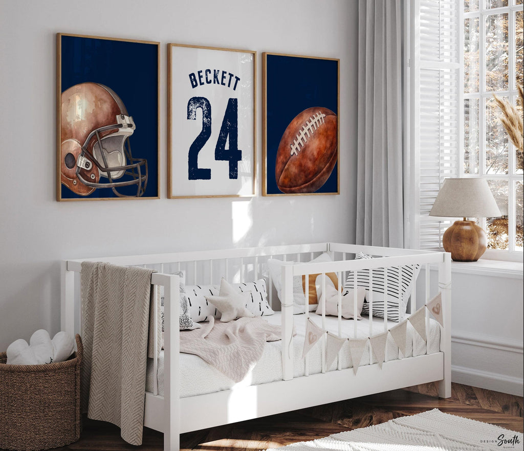 Navy Blue Sports Nursery Decor: Personalized Football Name & Number Print Set