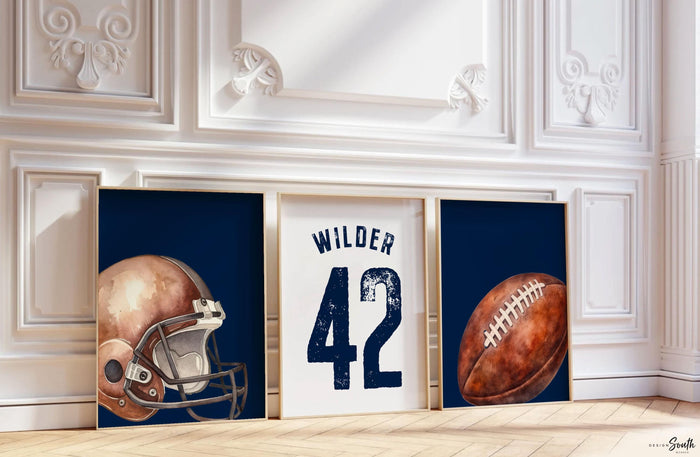 Navy Blue Sports Nursery Decor: Personalized Football Name & Number Print Set