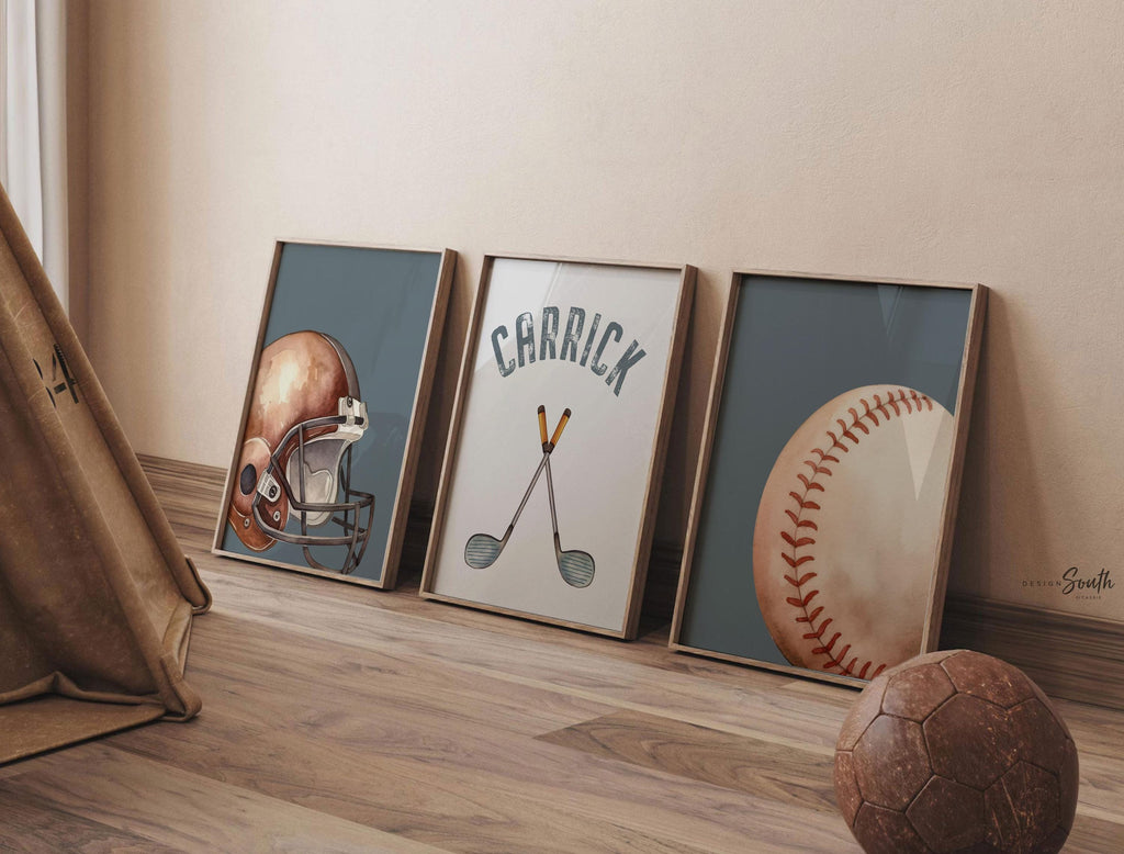 Blue Sports Nursery Decor, Personalized Football, Baseball & Golf Prints, Toddler or Baby Boy Wall Art