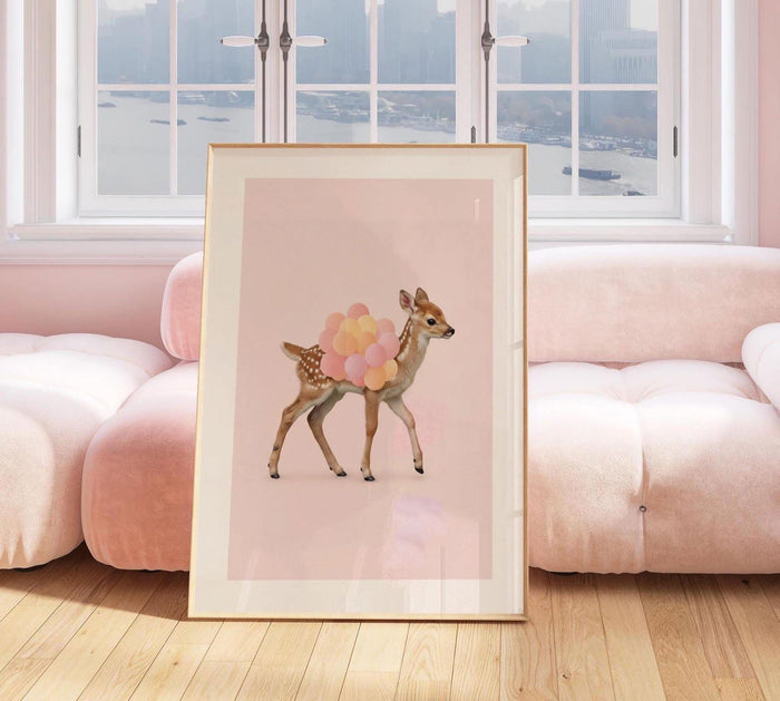 Chic Fawn Deer Wall Art Print – Baby Deer with Pink & Orange Balloons – Girl Nursery or Playroom Décor