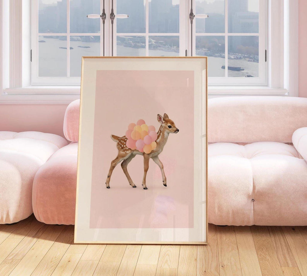 Chic Fawn Deer Wall Art Print – Baby Deer with Pink & Orange Balloons – Girl Nursery or Playroom Décor