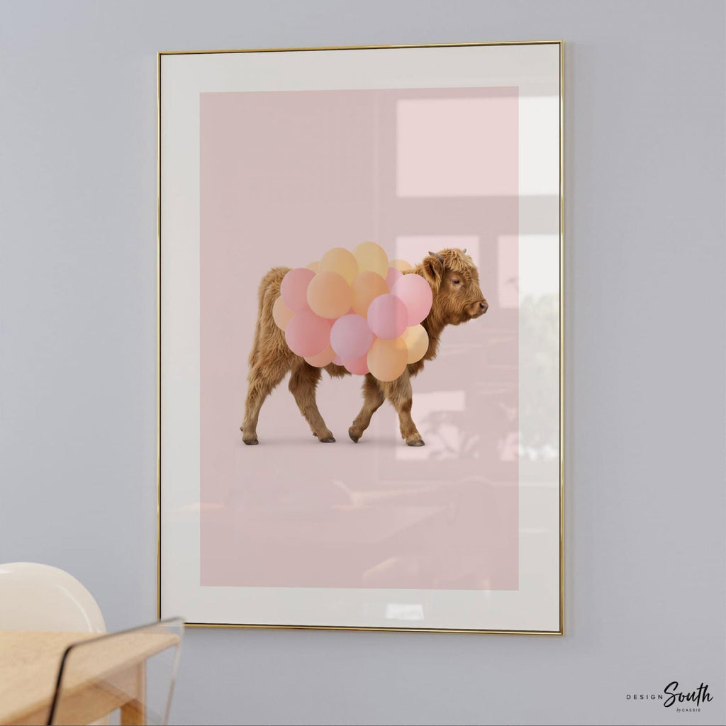 Chic Highland Cow Wall Art Print – Baby Cow with Pink & Orange Balloons – Girl Nursery or Playroom Décor