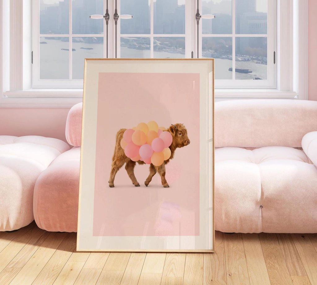 Chic Highland Cow Wall Art Print – Baby Cow with Pink & Orange Balloons – Girl Nursery or Playroom Décor