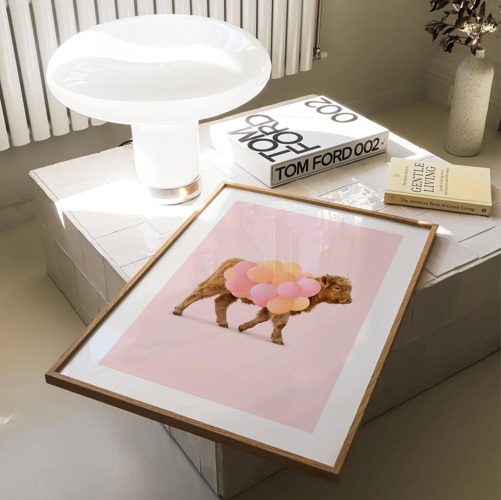 Chic Highland Cow Wall Art Print – Baby Cow with Pink & Orange Balloons – Girl Nursery or Playroom Décor