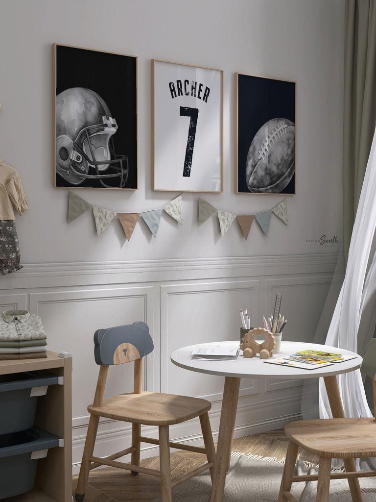 Custom Name Football Wall Art, Black and White Sports Prints, Helmet, Jersey and Ball, Set of 3