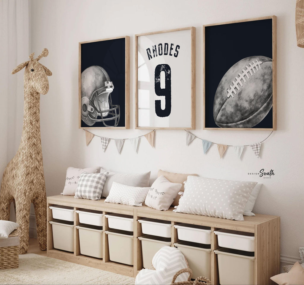 Custom Name Football Wall Art, Black and White Sports Prints, Helmet, Jersey and Ball, Set of 3