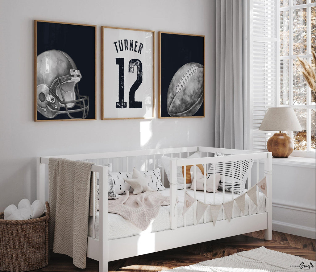 Custom Name Football Wall Art, Black and White Sports Prints, Helmet, Jersey and Ball, Set of 3