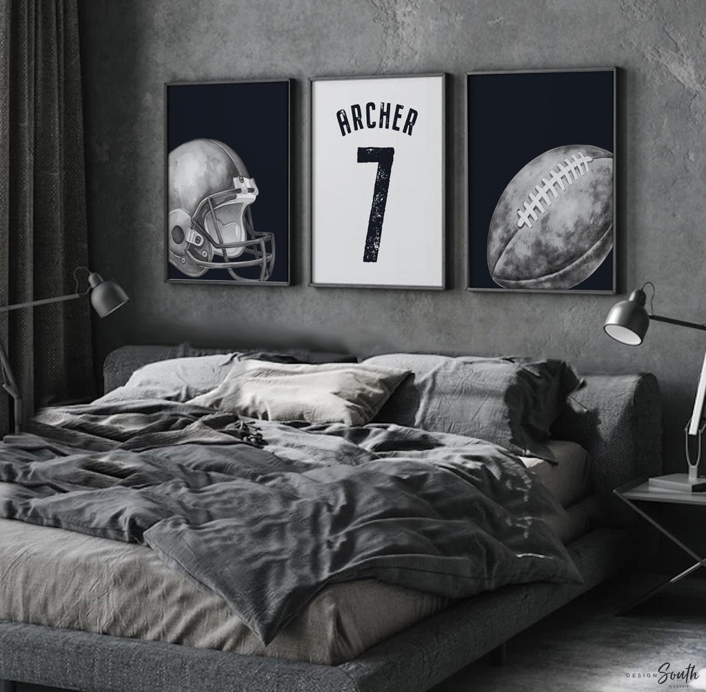 Custom Name Football Wall Art, Black and White Sports Prints, Helmet, Jersey and Ball, Set of 3