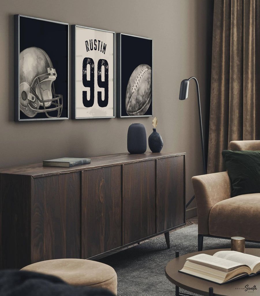 Custom Name Football Wall Art, Black and White Sports Prints, Helmet, Jersey and Ball, Set of 3