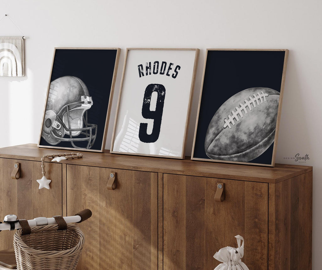 Custom Name Football Wall Art, Black and White Sports Prints, Helmet, Jersey and Ball, Set of 3