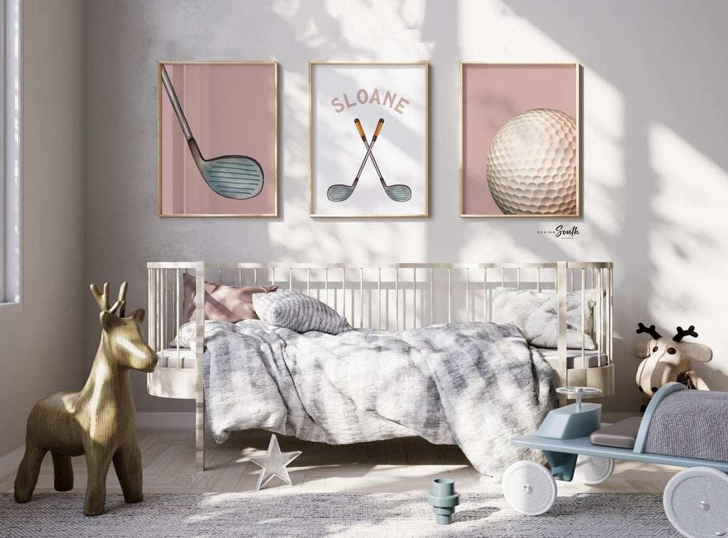 Golf Girl Nursery Wall Art Set of 3, Pink Golf Themed Room Decor, Watercolor Golf Cart & Clubs Prints for Girls Room