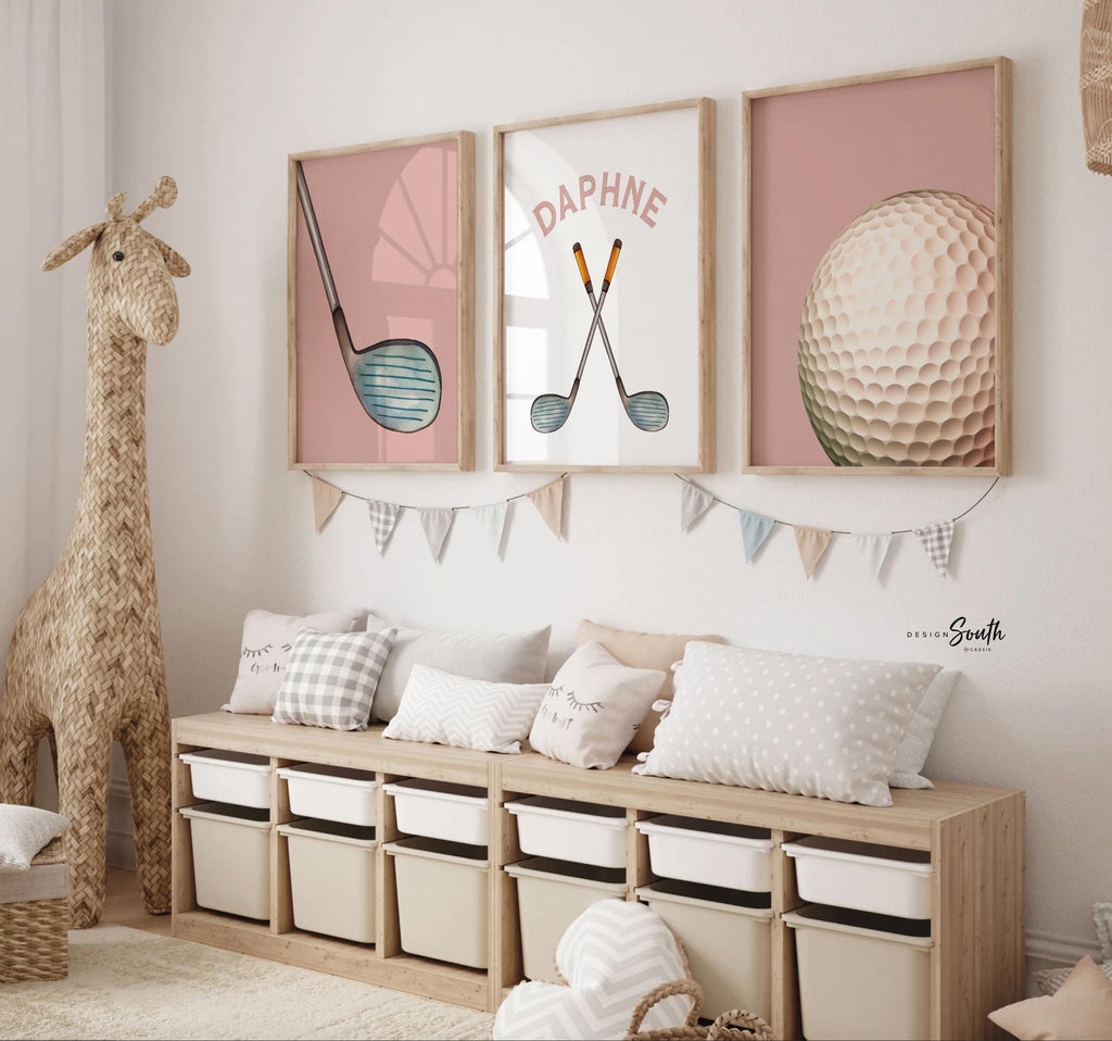 Golf Girl Nursery Wall Art Set of 3, Pink Golf Themed Room Decor, Watercolor Golf Cart & Clubs Prints for Girls Room