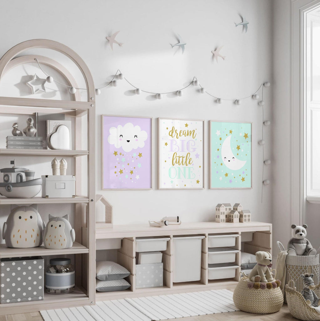 Girls nursery art, purple lilac mint gold, dream big, stars clouds moon, wall decor for baby girl room, baby shower gift girl, nursery art
