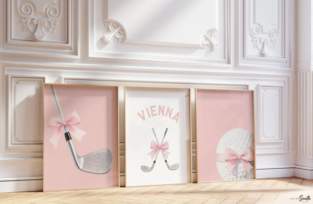 Personalized Golf Girl Wall Art – Pink Golf Ball & Clubs with Bows – Custom Name Nursery or Bedroom Decor
