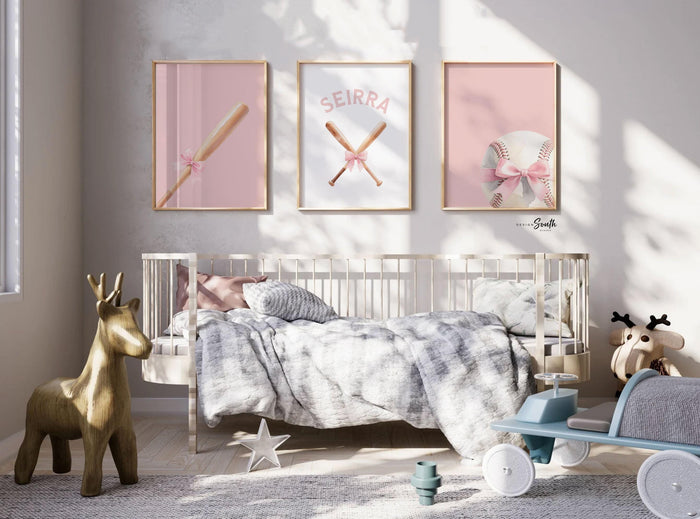 Personalized Softball Girl Wall Art – Pink Softball & Bat with Bows – Custom Name Nursery or Bedroom Decor