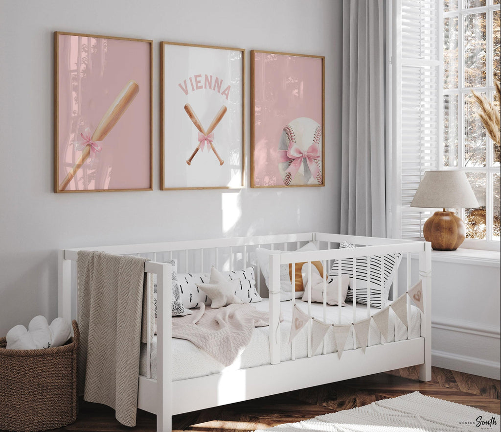 Personalized Softball Girl Wall Art – Pink Softball & Bat with Bows – Custom Name Nursery or Bedroom Decor