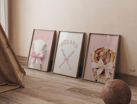 Pink Softball Nursery Wall Art – Personalized Name Print with Softball, Bat & Glove – Girl’s Room Decor