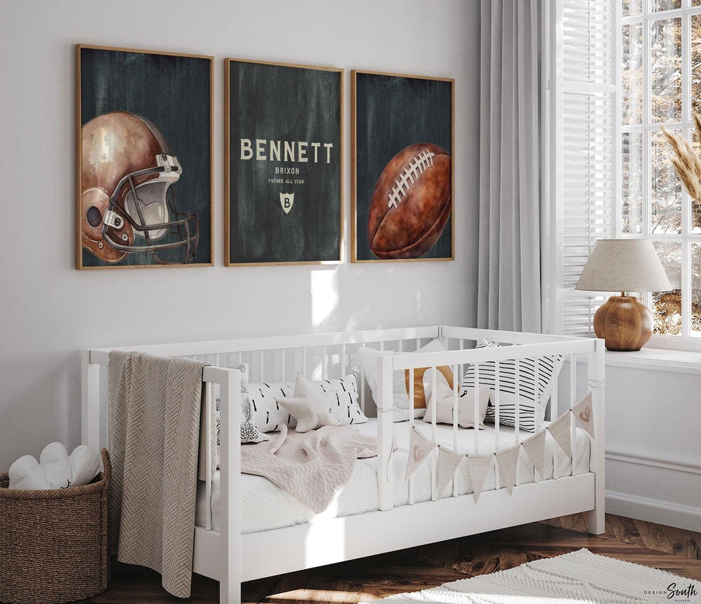 Personalized Football Nursery Art: Vintage Sports Prints, Boys Room Decor