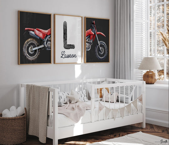 Dirt Bike Nursery Art Prints Set – Personalized Motocross Decor
