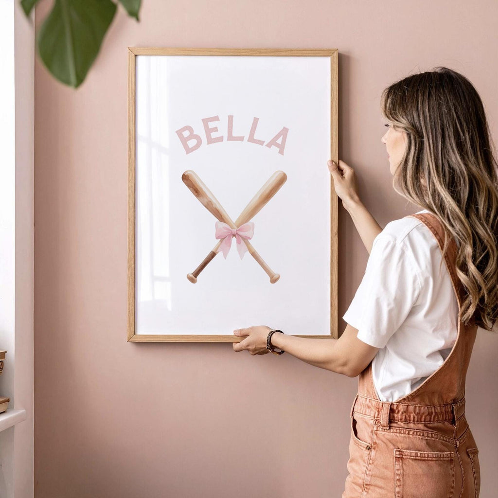 Pastel Softball Girl Prints – Personalized Set of 3 with Bats, Ball & Bow – Sweet Sports Nursery Wall Art