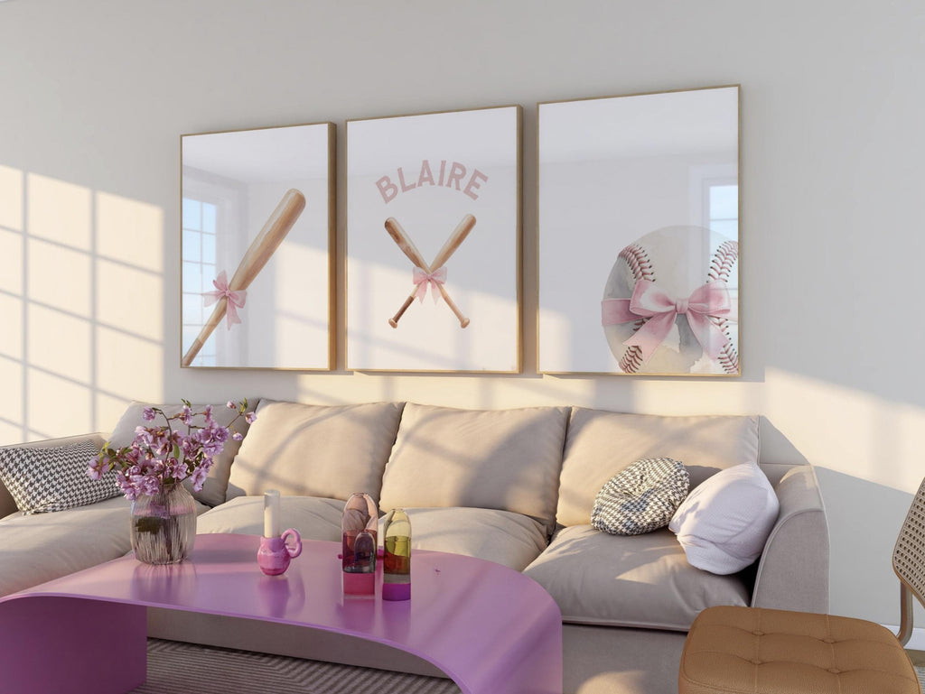 Pastel Softball Girl Prints – Personalized Set of 3 with Bats, Ball & Bow – Sweet Sports Nursery Wall Art