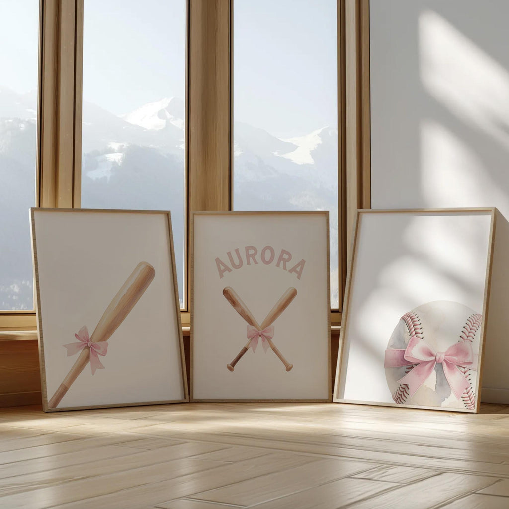 Pastel Softball Girl Prints – Personalized Set of 3 with Bats, Ball & Bow – Sweet Sports Nursery Wall Art