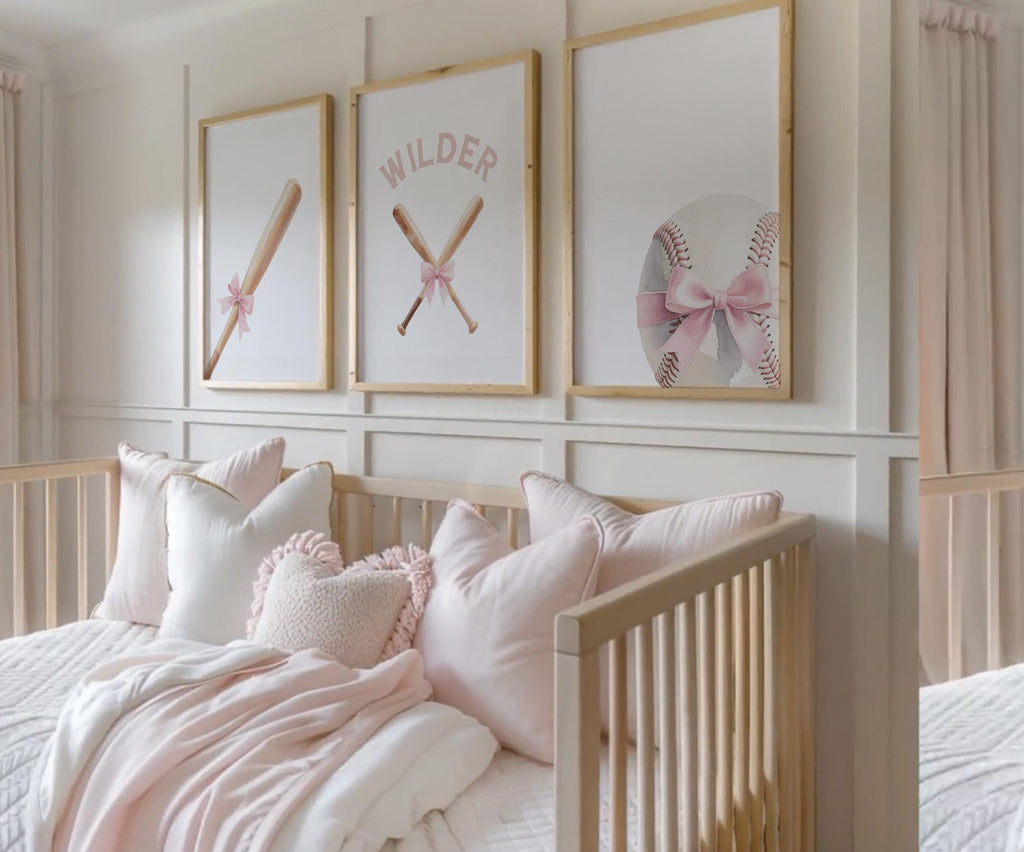 Pastel Softball Girl Prints – Personalized Set of 3 with Bats, Ball & Bow – Sweet Sports Nursery Wall Art