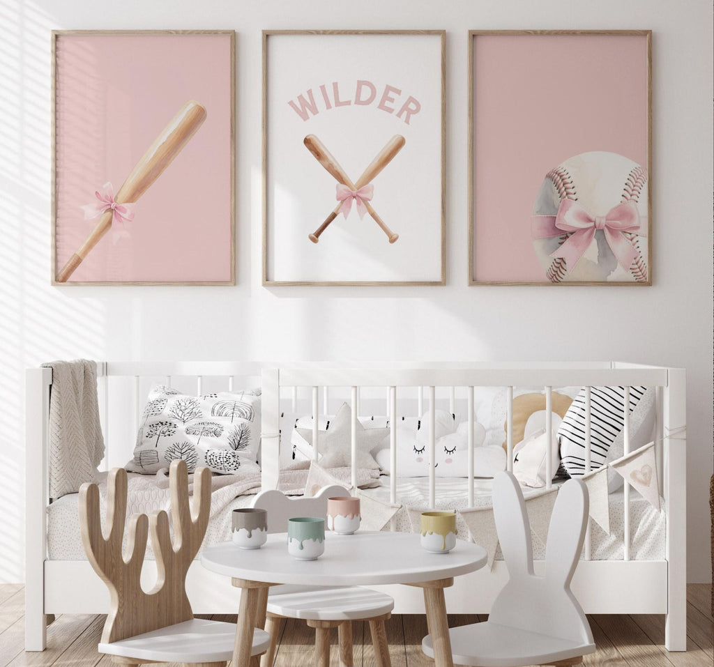 Custom Name Softball Wall Art – Soft Pastel Set of 3 with Ball, Bats & Bow – Sports Theme for Girl Nursery or Bedroom