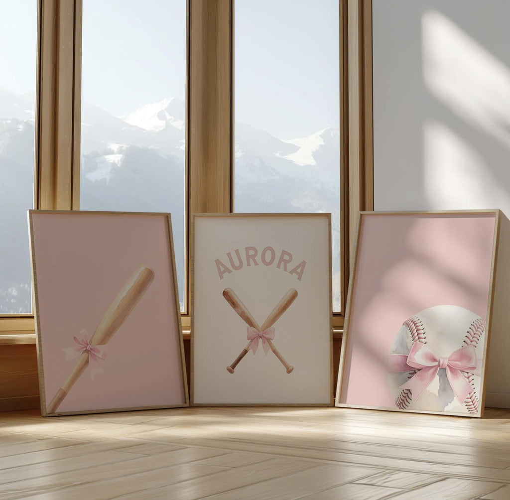 Custom Name Softball Wall Art – Soft Pastel Set of 3 with Ball, Bats & Bow – Sports Theme for Girl Nursery or Bedroom