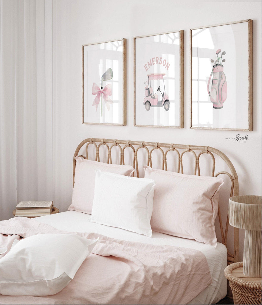 Soft Pastel Golf Girl Prints – Set of 3 Personalized Watercolor Golf Cart & Club Designs – Chic Pink Nursery Wall Art