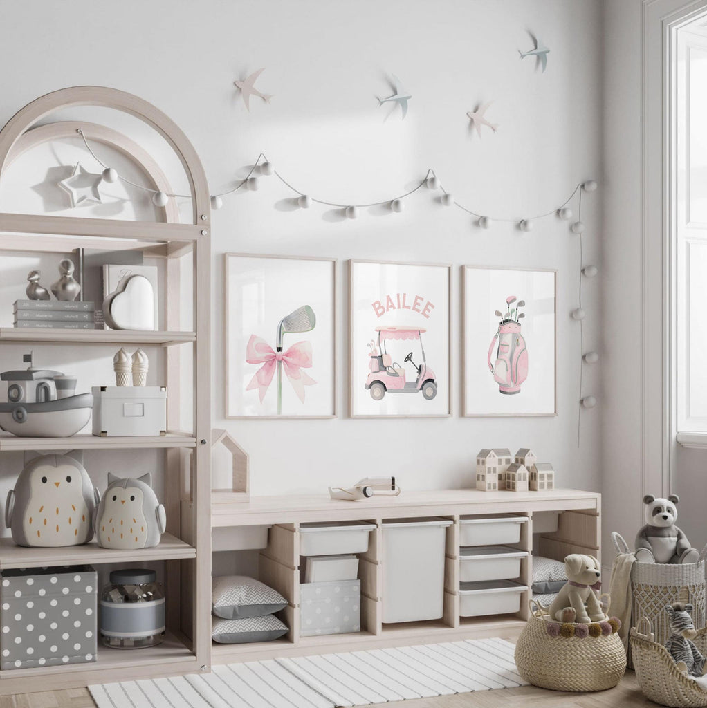 Soft Pastel Golf Girl Prints – Set of 3 Personalized Watercolor Golf Cart & Club Designs – Chic Pink Nursery Wall Art