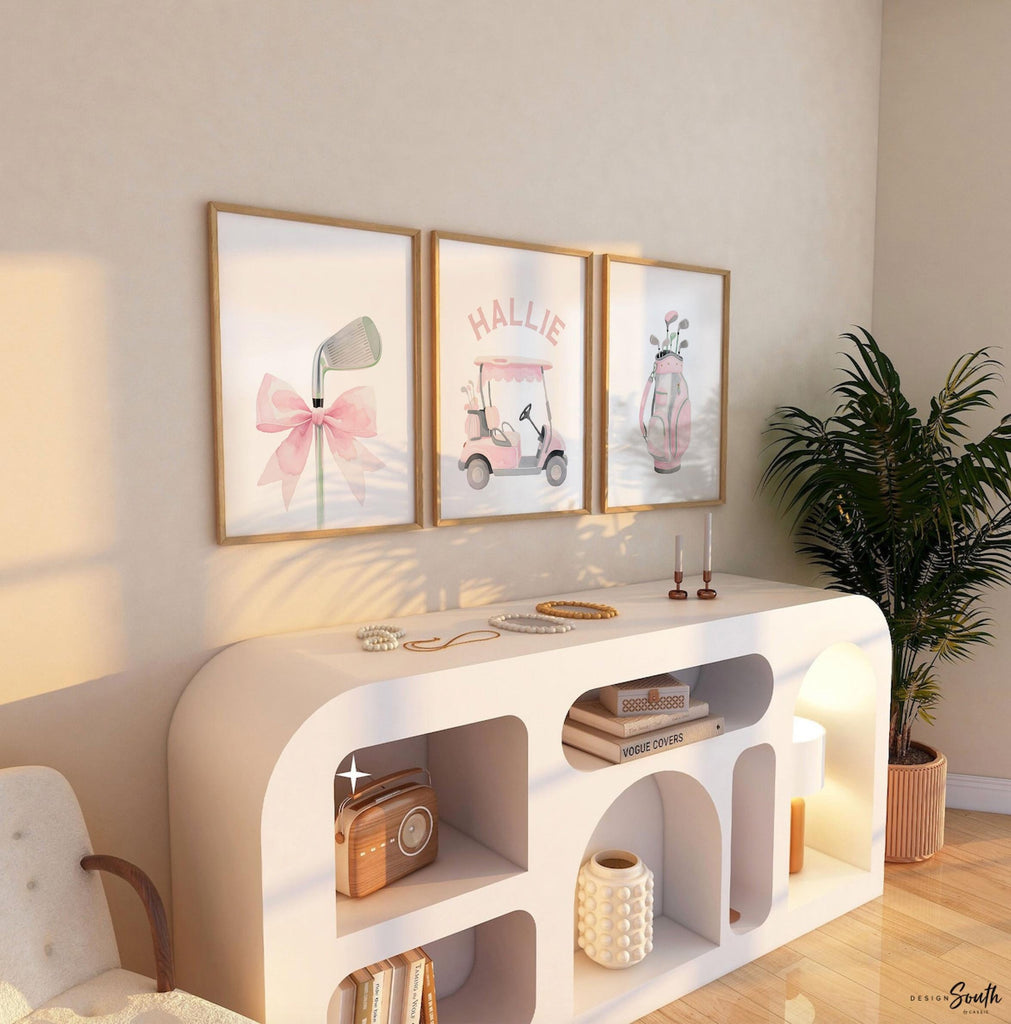 Soft Pastel Golf Girl Prints – Set of 3 Personalized Watercolor Golf Cart & Club Designs – Chic Pink Nursery Wall Art