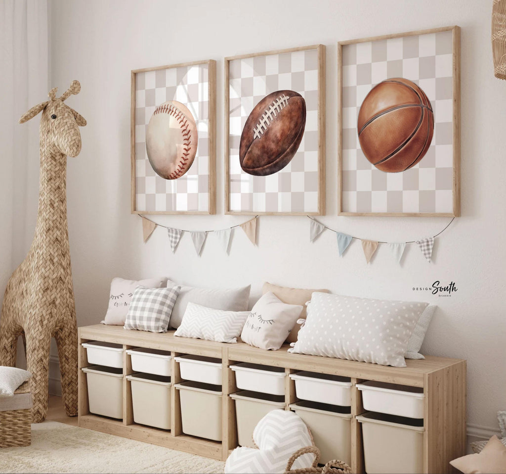 Modern Sports Wall Art – Neutral Checkerboard Set for Boys – Football, Basketball & Baseball Prints for Nursery or Teen Room