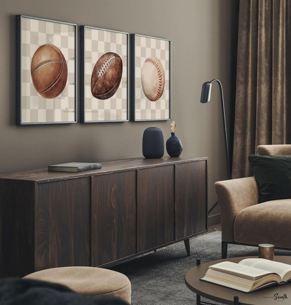 Modern Sports Wall Art – Neutral Checkerboard Set for Boys – Football, Basketball & Baseball Prints for Nursery or Teen Room