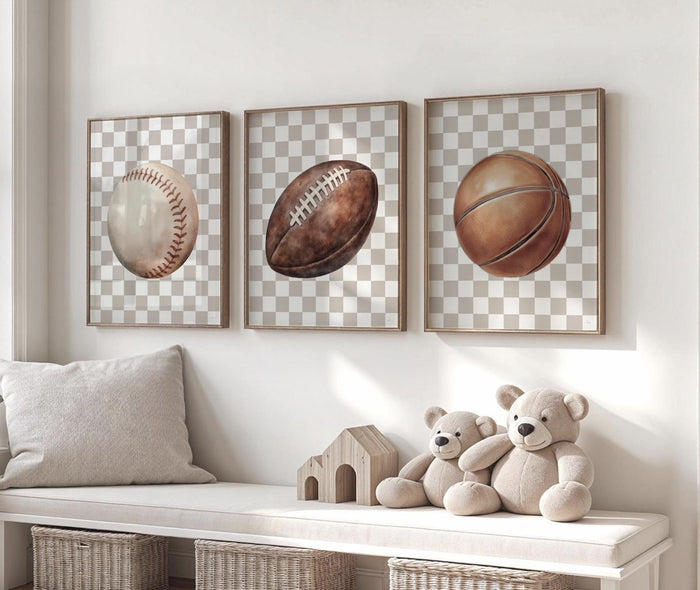 Modern Sports Wall Art – Neutral Checkerboard Set for Boys – Football, Basketball & Baseball Prints for Nursery or Teen Room