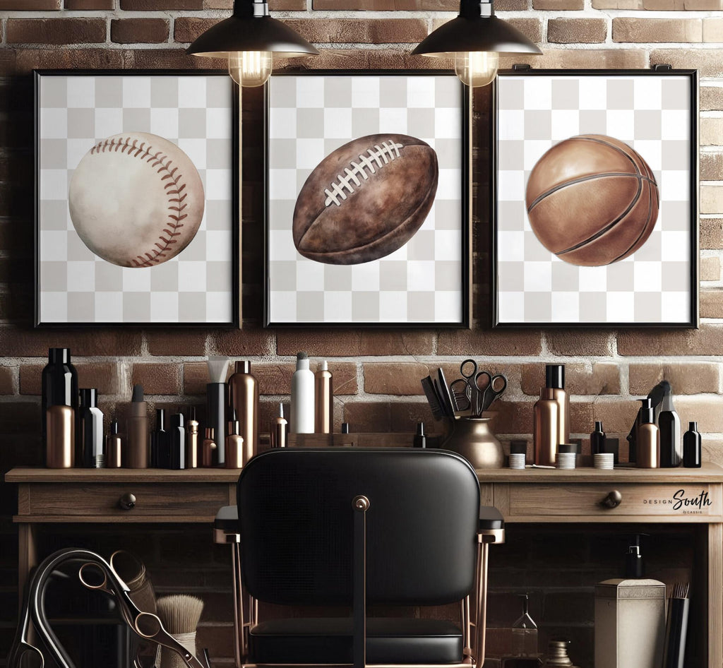 Modern Sports Wall Art – Neutral Checkerboard Set for Boys – Football, Basketball & Baseball Prints for Nursery or Teen Room