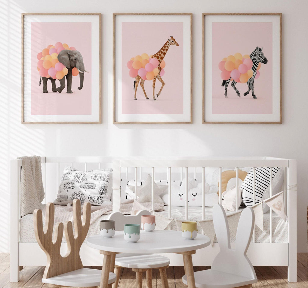 Pink Safari Animal Prints – Set of 3 Watercolor Wall Art with Balloons – Elephant, Zebra & Giraffe Nursery Decor