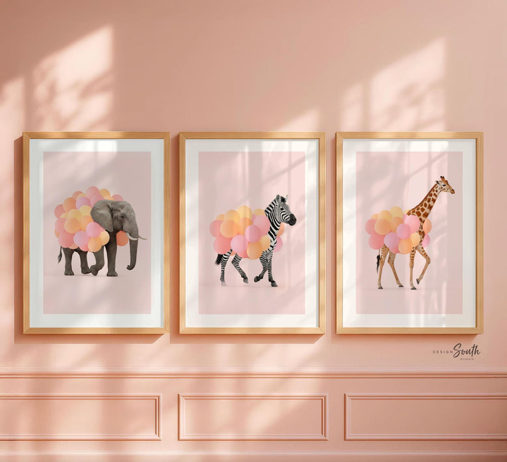 Pink Safari Animal Prints – Set of 3 Watercolor Wall Art with Balloons – Elephant, Zebra & Giraffe Nursery Decor