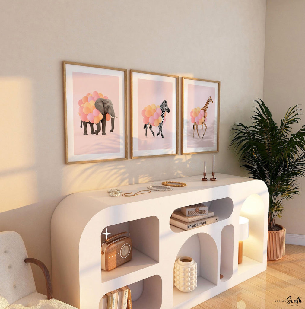 Pink Safari Animal Prints – Set of 3 Watercolor Wall Art with Balloons – Elephant, Zebra & Giraffe Nursery Decor