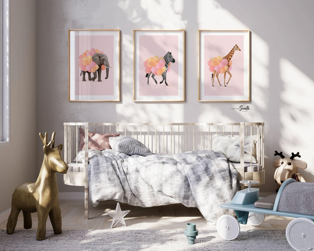 Pink Safari Animal Prints – Set of 3 Watercolor Wall Art with Balloons – Elephant, Zebra & Giraffe Nursery Decor