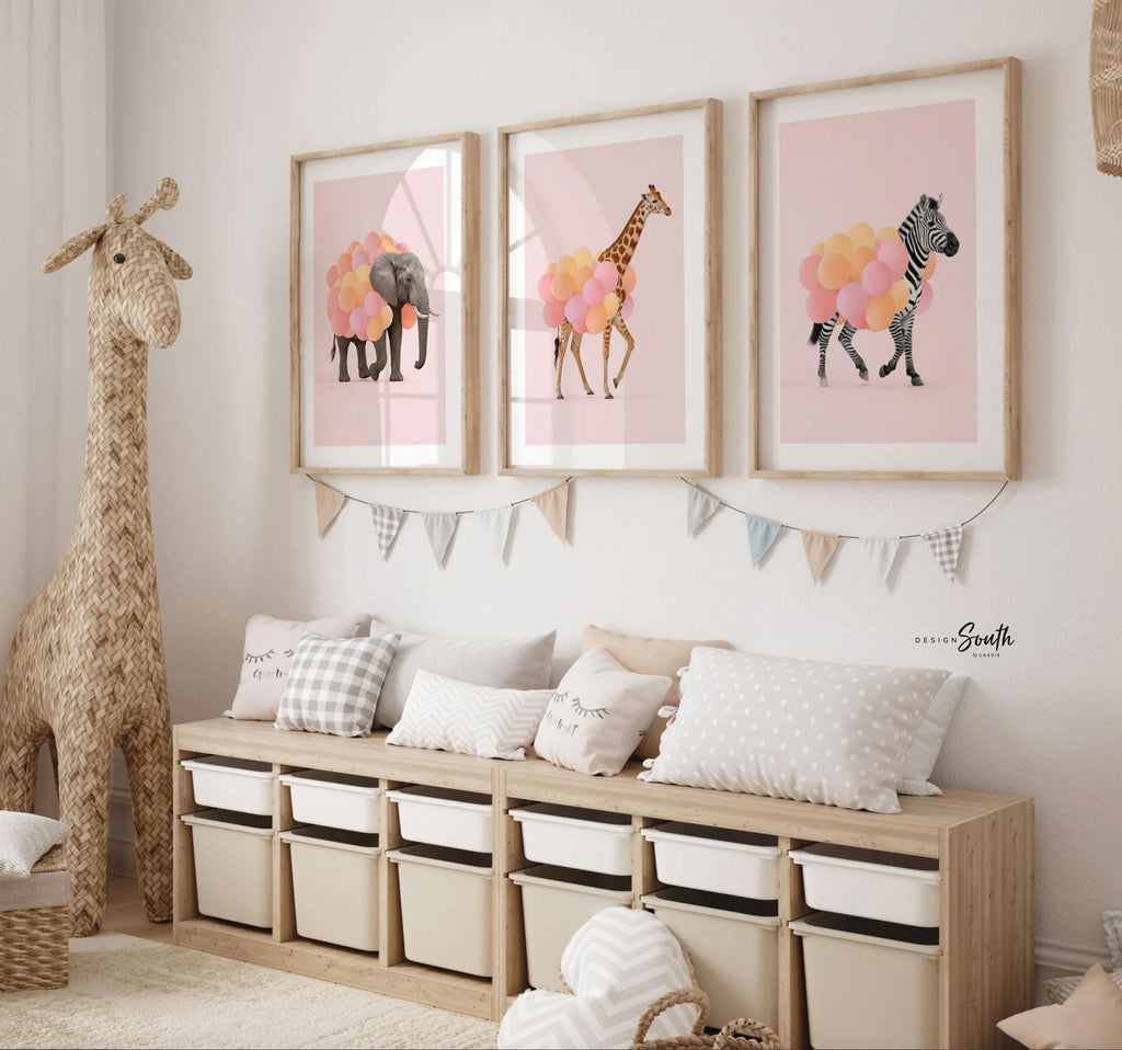 Pink Safari Animal Prints – Set of 3 Watercolor Wall Art with Balloons – Elephant, Zebra & Giraffe Nursery Decor