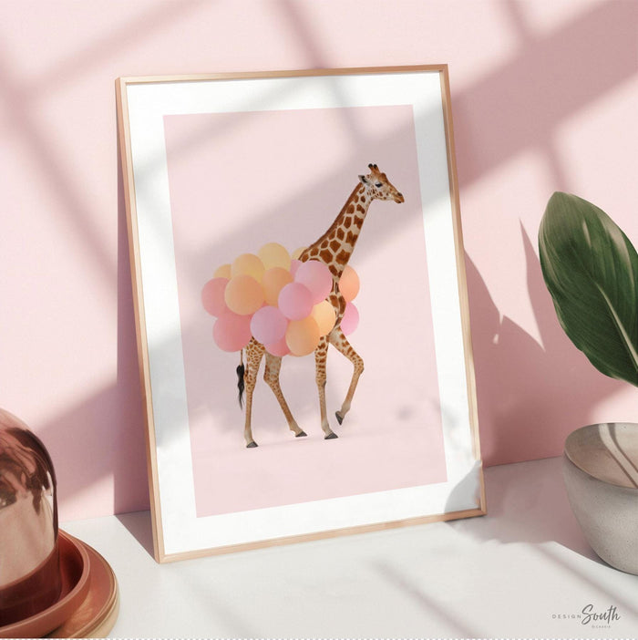 Pink Safari Animal Prints – Set of 3 Watercolor Wall Art with Balloons – Elephant, Zebra & Giraffe Nursery Decor