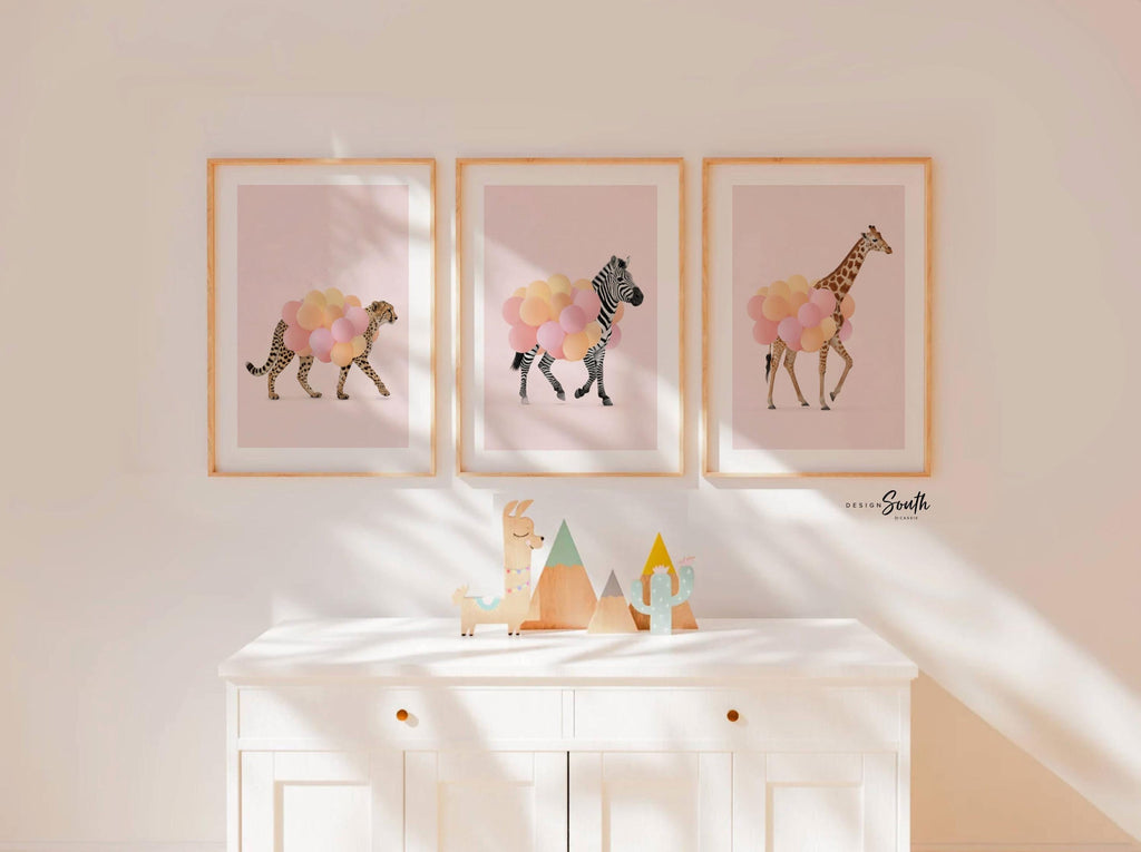 Girls Safari Wall Art – Pastel Pink Set of 3 Animal Prints with Balloons – Cheetah, Zebra & Giraffe Nursery or Bedroom